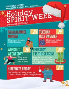 the holiday spirit week poster is shown