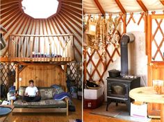 the inside of a yurt with wood burning stove and man sitting on a couch