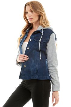 Spandex Women's Denim Jacket with HoodieRemovable hoodie Women's Destroyed Denim Jean JacketYoung Contemporary75% cotton,23% Polyester,2% Spandex Durable Jacket for everyday use*Model's Height is 5'9 and wearing a size small Style: Casual Print / Pattern: Solid Fit: Regular Fabric Contents: 75% cotton,23% Polyester,2% SpandexStretch fabricCare Instructions: Machine WashSize Measurement (inch): S: 20.0 (Bust), - (Waist), - (Hips), 24.0 (Length) M: 21.0 (Bust), - (Waist), - (Hips), 24.5 (Length) L Destroyed Denim Jacket, Ladies Denim Jacket, Denim Jacket With Hoodie, Suede Outfit, Leopard Outfits, Burgundy Outfit, Ladies Denim, Destroyed Denim, Black Denim Jacket