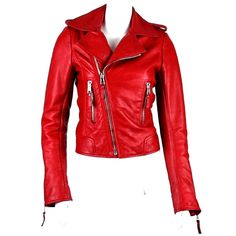 The Leather Motorcycle Jacket Has Become A Wardrobe Staple In Contemporary Fashion And This Balenciaga Lambskin Leather Moto Jacket Is One That Truly Lives Up To Its Name. Featuring The Classic Motorcycle Jacket Details We Love: An Asymmetric Front Zip With Zippers, A Notched Collar, And Zip Cuffs. This Jacket Is Structured And Fitted. Size 40 (Equivalent To A Size Small). In Excellent Condition. Current Retail Price Is $3540. Luxury Fitted Red Leather Jacket, Designer Red Fitted Leather Jacket, Designer Fitted Red Leather Jacket, Fitted Red Biker Jacket, Designer Red Leather Jacket For Winter, Classic Red Fitted Biker Jacket, Designer Red Leather Jacket For Fall, Classic Fitted Red Biker Jacket, Chic Red Fitted Biker Jacket