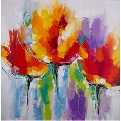 an abstract painting of three flowers in vases