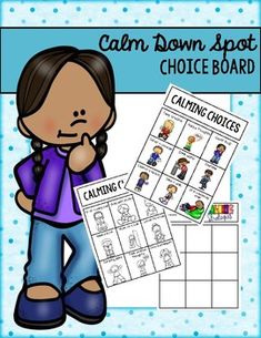 a girl with her hand on her chin and the words calm down spot choice board