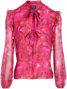 fuchsia pink silk georgette floral print ruffled detailing crew neck front tie fastening long sleeves buttoned cuffs straight hem Giambattista Valli Dress, Designer Blouses Online, Georgette Tops, Georgette Blouse, Giambattista Valli, Tie Blouse, Long Puff Sleeves, Red Blouses, Pink Blouse