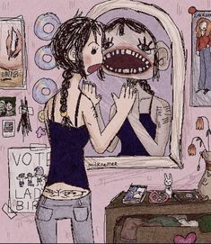 a drawing of a woman looking at herself in the mirror with an evil face on it