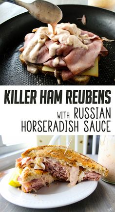 grilled ham reubens with russian horseradish sauce in a cast iron skillet