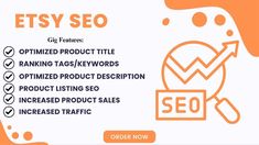 an orange and white business card with the words etsy seo on it in front of