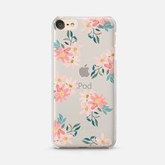 an iphone case with flowers and leaves on the front, in clear plastic cover that says ipod