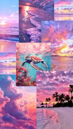 a collage of photos with the ocean and clouds