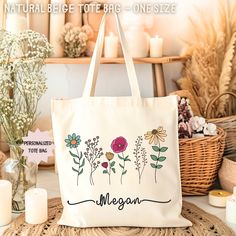 Customizable Botanical Nature Floral Canvas Tote Bag, Everyday Cotton Wild Flower Feminist Tote Bag, Shopper Watercolor Tote Bag. COTTON CANVAS TOTE BAG - 100% cotton canvas - Heavy fabric (12 oz/yd² (406.9 g/m - Sewn-in label  - Color Natural  - Printed on Both Side  - One Size This 100% cotton bag comes in one size - 15" x 16"- perfect for everyday wear. The bag features 20" handles (made from the same canvas), making it easy to carry even with a week's worth of shopping. 100% Cotton canvas Ma Eco-friendly Tote Bag For Personal Use, Large Capacity Tote Bag For Personal Use, Green Tote Bag For Personal Use, Daily Use Flower-shaped Bag With Removable Pouch, Daily Use Flower-shaped Bags With Removable Pouch, Handmade Everyday Flower Bag, Botanical Style Canvas Tote Bag For Daily Use, White Botanical Tote Bag, Botanical White Tote Bag