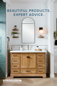 a bathroom vanity with a mirror above it and the words, beautiful products expert advice