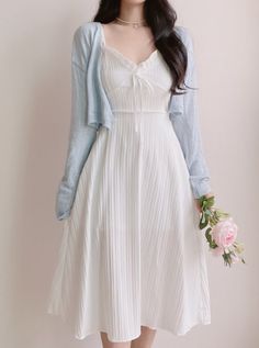 Frock Designs For Women Korean, Korean White Dress Outfit, Korean Casual Dresses, Cute Dress Korean Style, Dresses With Cardigan Outfit, Korean Dress For Women, Dress And Shawl Outfit, Aesthetic Korean Outfits Dress, Korean Style Dress Casual