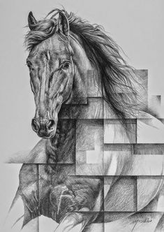 a pencil drawing of a horse in front of a brick wall with squares on it