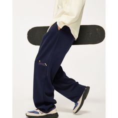 Fall Embroidered Wide-Leg Navy Blue Sweatpants  Material: 62% Cotton + 38% Polyester   Size: S, M, L, XL, Color: Navy Blue, Beige  Season: Spring, Fall,   Occasion: Leisure, Outdoor, Daily, Vacation,Fall Outfits Casual Embroidered Winter Bottoms, Casual Embroidered Straight Leg Bottoms, Casual Embroidered Straight Leg Pants, Casual Straight Leg Embroidered Pants, Casual Embroidered Blue Pants, Casual Blue Cargo Pants, Blue Full Length Casual Pants, Embroidered Relaxed Fit Casual Pants, Embroidered Relaxed Fit Bottoms For Streetwear