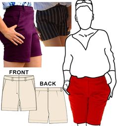 the front and back views of shorts for women with different colors, sizes and shapes