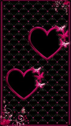 two heart shaped frames with pink butterflies on black and purple background, for valentine's day