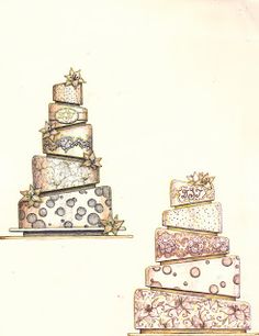 three different types of wedding cakes are shown in this drawing, one is pink and the other is blue