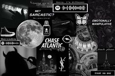 black and white collage with images of the moon, buildings, and other things