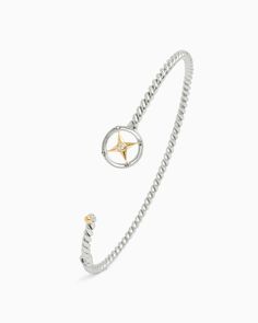 This sterling silver Twisted Hook Bracelet features a compass clasp with a 14K solid gold compass rose and diamond accent. This nautical-inspired piece is the perfect reminder of memories cherished and lessons learned. Metal: Sterling silver with 14K gold accents Stone: Diamond Band Width: 2mm Compass Clasp: 11.55mm Gold Star: 8.19mm Diamond: 2.7mm Style #: B151 Compass Bracelet, Hook Bracelet, A Compass, Compass Rose, Gold Star, Diamond Band, Lessons Learned, Gold Stars, Diamond Bands