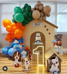 a dog themed birthday party with balloons and decorations