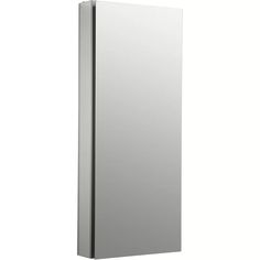 a tall white cabinet with a mirror on the front and bottom part of it's door