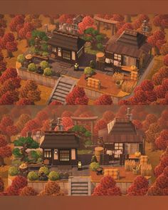 an aerial view of a japanese village in autumn