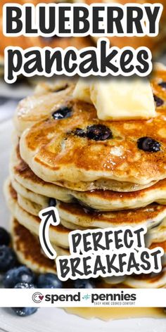 blueberry pancakes with butter and blueberries on top are the perfect breakfast for two