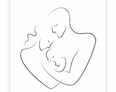 a black and white drawing of a mother holding her baby