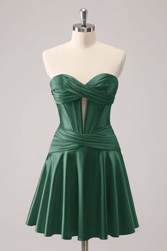 Elegant A-line Corset Dress For Homecoming, Fitted A-line Gown With Ruched Bodice, Elegant Strapless Dress For Homecoming, Heart-shaped Neckline Mini Dress With Corset Back For Wedding, Green Evening Dress With Fitted Bodice And Sweetheart Neckline, Fitted Green Corset Dress For Prom Season, Strapless Green Dress With Boned Bodice, Green Strapless Dress With Boned Bodice, Green Evening Dress With Boned Bodice For Prom