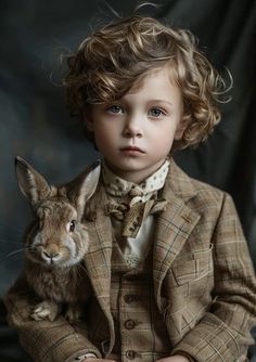 a young boy in a suit holding a rabbit on his lap and looking at the camera