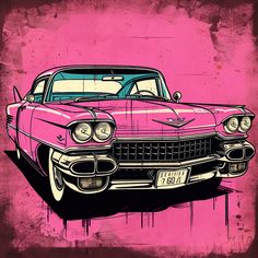 an old pink car painted in black and white on a pink background with the hood up