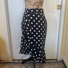 Brand New-Never Worn Polka Dot Party Skirt With Ruffles, Chic Fitted Polka Dot Skirt, Elegant Fitted Polka Dot Skirt, Chic Polka Dot Ruffled Skirt, Chic Polka Dot Bottoms With Ruffles, Chic Polka Dot Ruffled Skirt Bottoms, Chic Ruffled Polka Dot Skirt, Satin Wrap Skirt, Ruffle Midi Skirt