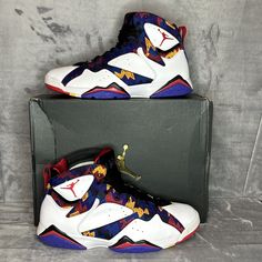 Up for sale is a pair of Jordan 7 Retro Sweater 2015 sneakers in size 13. These sneakers have a classic white colorway with vibrant and unique sweater-inspired graphics. The sneakers belong to the Air Jordan product line and are perfect for athletic wear. They have a Jordan silhouette and feature a stylish and comfortable sneaker design. These sneakers were released in 2015 and are pre-owned, but have been well-maintained and are in excellent condition. Luxury Purple Custom Sneakers For Men, Luxury Sporty Air Jordan 4 Breathable, Dragon Ball Z Shoes Nike, Custom Jordan 9, Jordans Collection Chart, Dbz Custom Shoes, Jordan 36 Shoes, Jordan Shoes By Number, Air Jordan 6 Low Lunar New Year