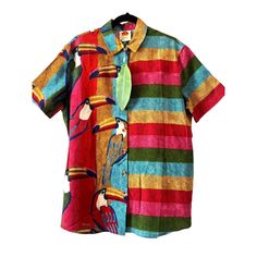 Farm Rio Wonderful Toucans Women Linen Blend Multi Color Button Up Unisex Shirt #Bright #Colorful #Unisex Size Small All Measurements Are Approximate Multicolor Cotton Tropical Hawaiian Shirt, Multicolor Tops With Button Closure For Vacation, Tropical Multicolor Button-up Shirt, Multicolor Tropical Button-up Shirt, Multicolor Hawaiian Shirt With Tropical Print, Top Farm, Farm Rio, Linen Women, Unisex Shirt