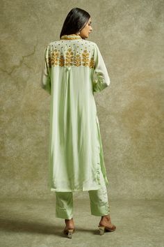 Green shirt style kurta placement embroidered with kashmiri aari. Paired with a plain straight pant and dupatta with matching placed embroidery. - Aza Fashions