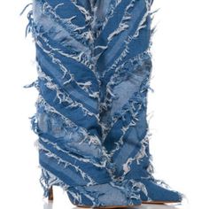 The Azalea Wang " Shredded Pleasure " Fold Over Boot In Denim Is An Unabashedly Edgy Jean Boot Featuring A Pointed Toe Silhouette, Raw Hem Detailing, Diagonal Stripe Patterning Throughout, And A Unique Fold Over Shaft. Complete With A Knee High Shaft, A Slim Stiletto Heel, And A Pull On Fit. - Denim Upper - Pointed Toe - Stiletto Heel - 14.5” Shaft Height - 4” Heel Height - 14" Calf Circumference - Imported Red Velvet Boots, Edgy Jeans, Torrid Boots, Burberry Boots, White Cowgirl Boots, Tony Lama Boots, Fold Over Boots, Black Leather Riding Boots, Brown Suede Heels