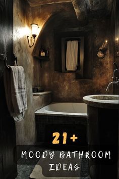 the bathroom is decorated in dark tones and features an old fashioned tub, sink, and towel rack