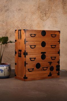 a wooden cabinet sitting next to a potted plant