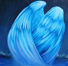 an acrylic painting of two blue angel wings in the night sky over water