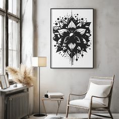 a living room with a chair, radiator and art work on the wall