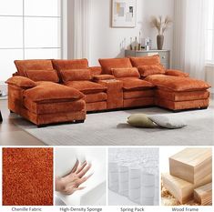 a living room with orange couches and white rugs