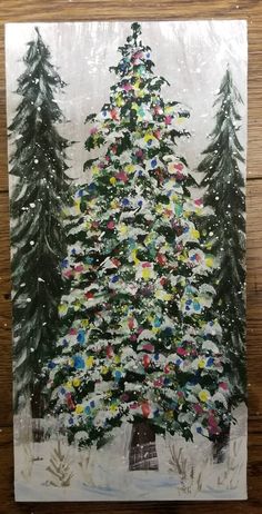 a painting of a christmas tree with snow on it and pine trees in the background