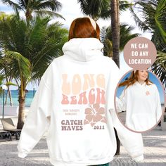 "Palm Beach Hoodie Trendy Sweatshirt Trendy Hoodies Aesthetic Hoodie Sorority pullover Trendy Sweatshirt Oversized  Thanksgiving Sweatshirt: https://etsy.me/3TbqsXn Christmas Sweatshirt: https://etsy.me/3dLRqo2 Christian shirts: https://etsy.me/3ANhUyw OUR SIZING IS ADULT UNISEX. This means it will be larger than normal women's sizing.  Please see photos for size charts 🌻 Please read the full description:   This hoodie/sweatshirt sizing is NOT oversized.  You need to order at least 1-2 sizes la White Long Sleeve Hoodie For Beach, Long Sleeve Hoodie For Beach Vacation, Beach Season Hoodie Sweatshirt, Long Sleeve Beach Hoodie, Oversized Hoodie For Beach Season, White Hooded Sweatshirt For Vacation, White Graphic Print Beach Hoodie, White Letter Print Hoodie For Beach, White Letter Print Hoodie For Beach Season