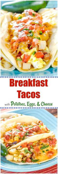 breakfast tacos with potatoes, eggs and cheese on a blue plate in front of the camera