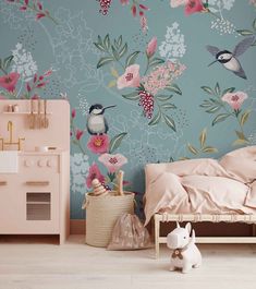 a bedroom with floral wallpaper and a bed in the foreground is a toy dog on the floor