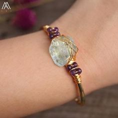 (1) Buy Gold Wire Wrap Crystal Bracelet | Green Witch Creations – greenwitchcreations Travel Necklace, West New York, Bracelet Stone, Travel Jewelry Organizer, Leather Jewelry Box, Wire Wrapping Crystals, Purple Agate, Crystal Bangle, Brass Bracelet