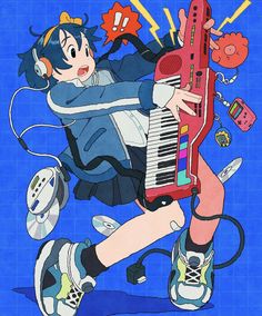 a drawing of a girl playing an electronic device with headphones and music equipment around her