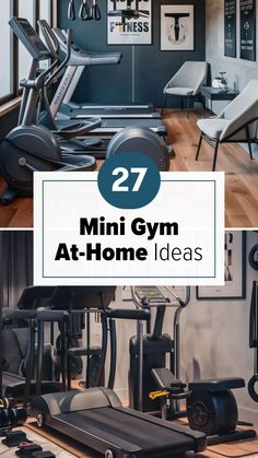 gym equipment with the words 27 mini gym at home ideas