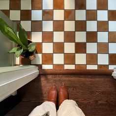 a person standing in front of a tiled wall next to a plant and toilet paper