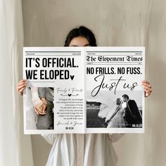 a woman holding up two newspapers with the same image on it's front and back pages