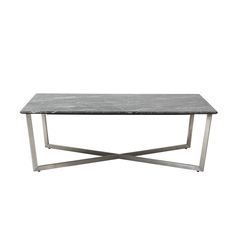 a black marble top coffee table with stainless steel frame legs and square shaped base, on an isolated white background